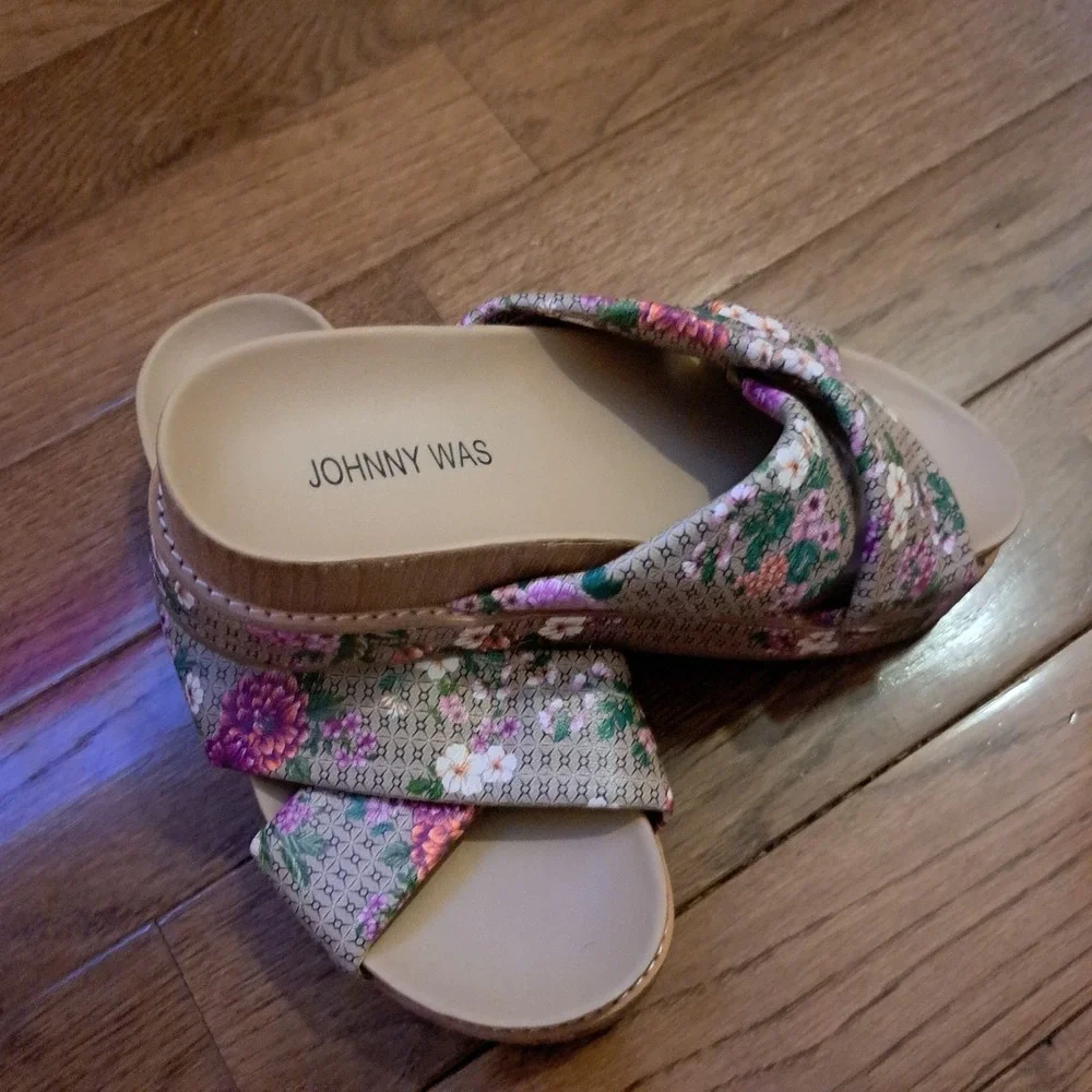 Johnny Was Floral Crisscross Platform Slide Sandals Boho Multi Color Womens Sz 6